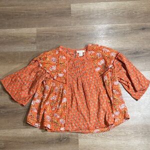 Rachel Zoe Women's Cotton Scoop Neck Blouse Orange Floral Size S